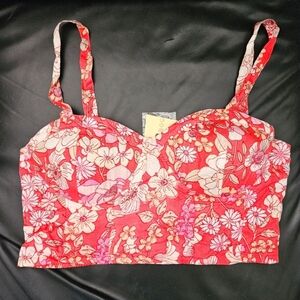 B.O.G Collective Sz L Floral Coral Bralette Smoked Strap Padded Cropped Blouse
